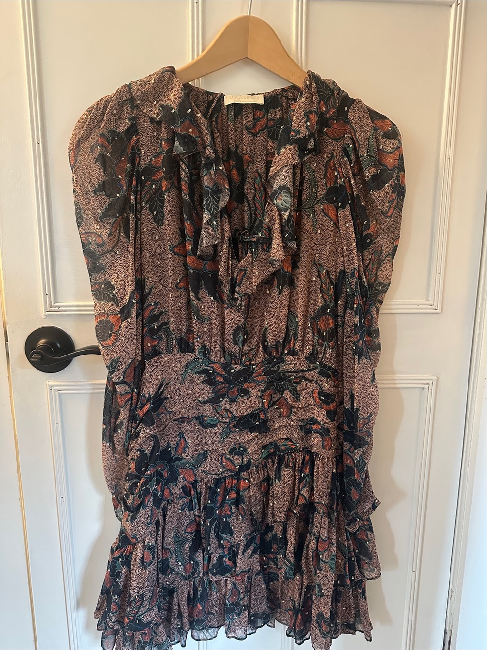 Ulla Johnson Brown and Black Floral Ruffle Mini Dress